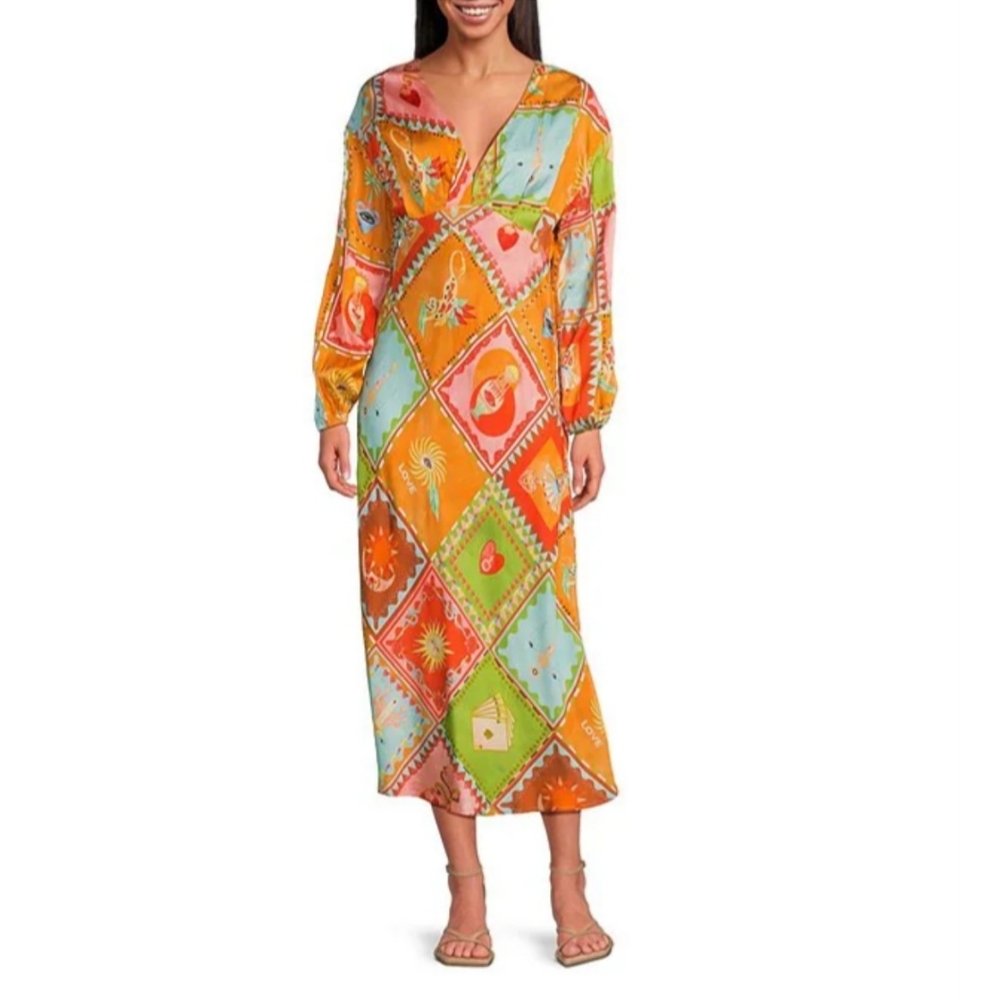 Never Fully Dressed Emma Soller Multicolored Print V-Neck Long Sleeve Midi Dress